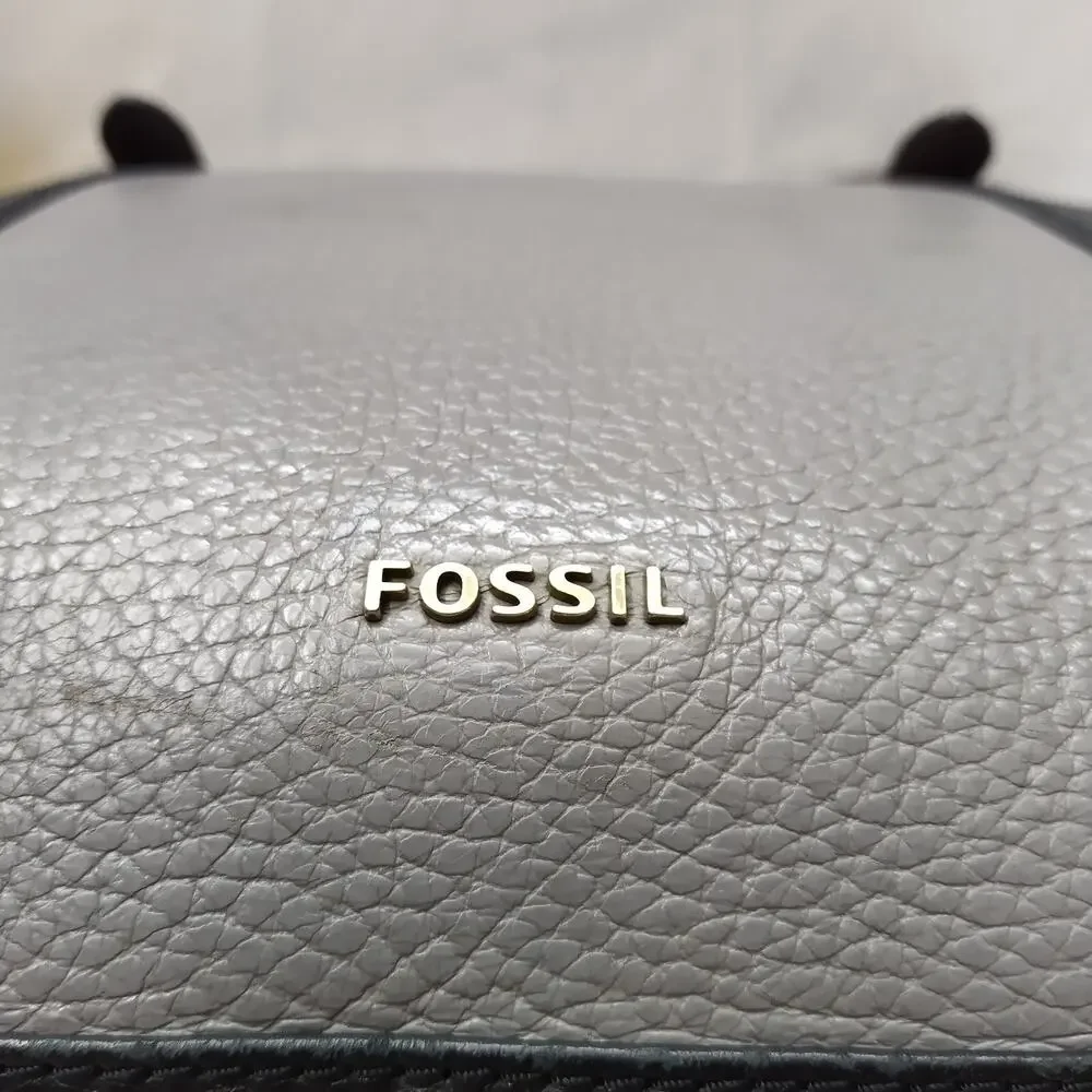 Fossil Colorblock Black Gray Pebbled Leather Double Handle Satchel Shoulder Bag
